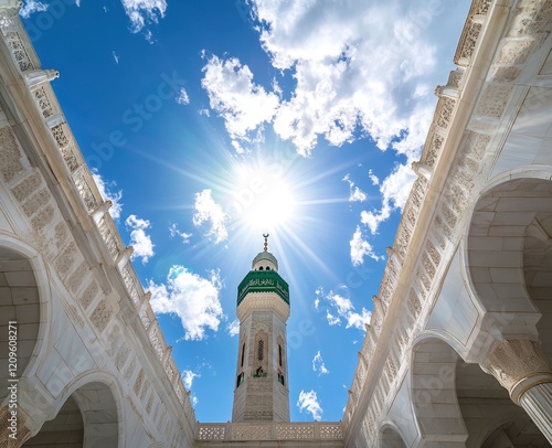 The green dome of the historic Nguyen Minaret and white walls of Masjid al-Nabawi in Mecca, stock photo with blue sky and clouds in the background. 