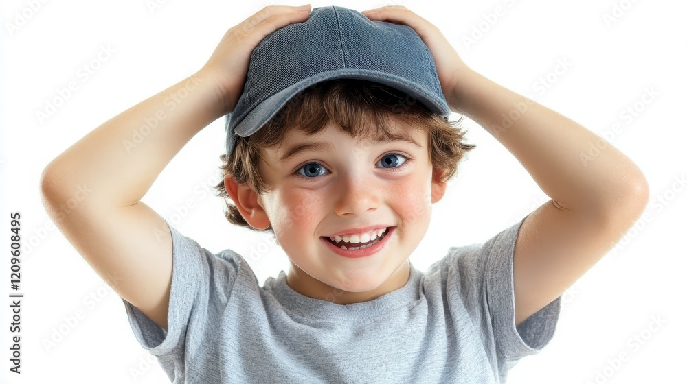 Happy Boy Scratching His Head in Cap Happy Boy Scratching His Head in Cap
