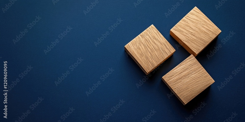 Three blank wooden blocks arranged on a dark blue background create a minimalist business strategy template with ample copy space in top view. Three blank wooden blocks arranged on a dark blue background create a minimalist business strategy template with ample copy space in top view.