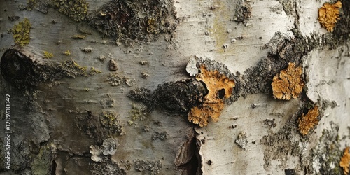 Close-up of birch bark revealing intricate textures and patterns with gray, white, and orange lichen highlights against a natural background. photo