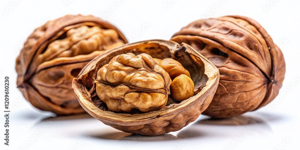Cracked Walnuts Macro Photography: Unique Textured Shells on White Background - Perfect for Food & Culinary Designs Cracked Walnuts Macro Photography: Unique Textured Shells on White Background - Perfect for Food & Culinary Designs