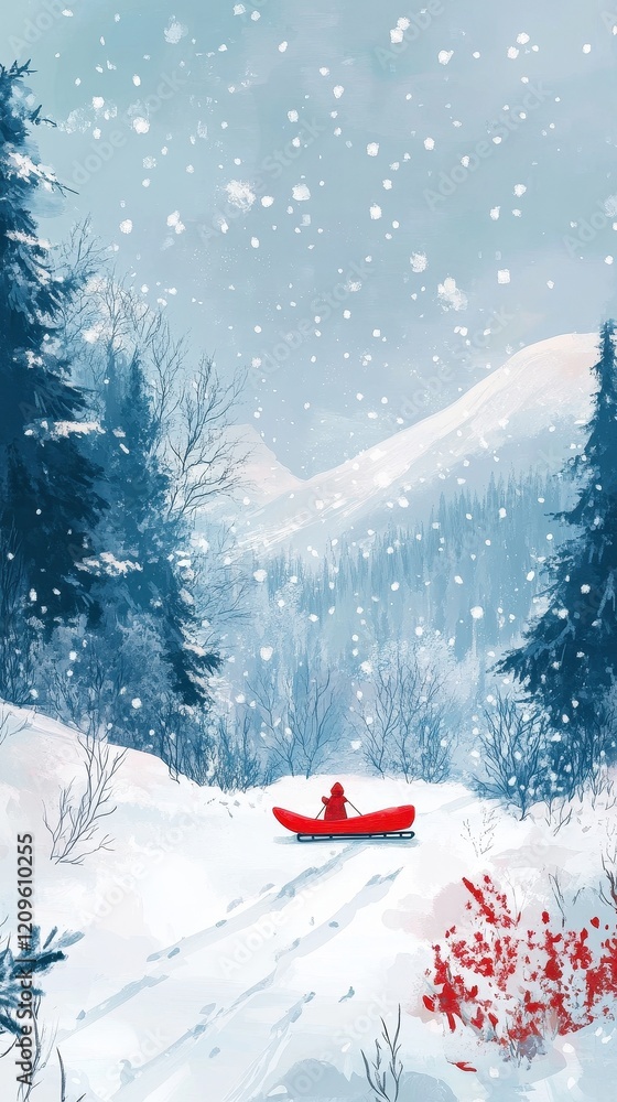 Red Sledder In Snowy Winter Landscape Red Sledder In Snowy Winter Landscape