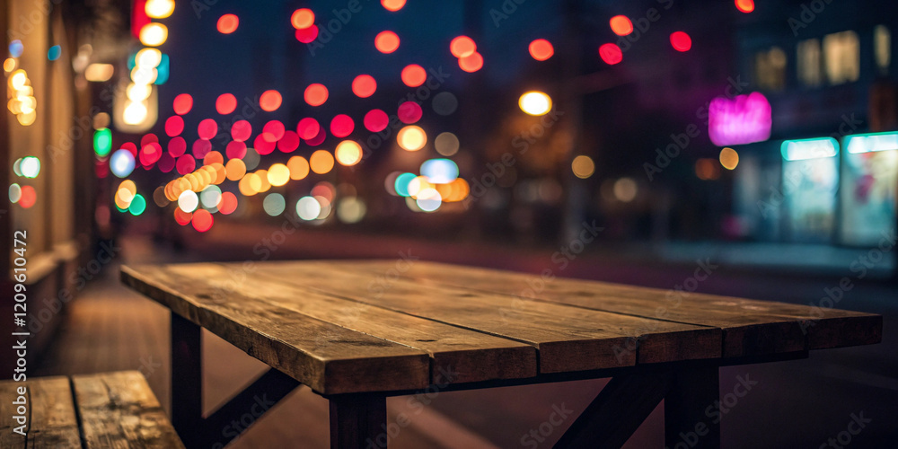 An Empty Wooden Table with Neon Light Bokeh Background An Empty Wooden Table with Neon Light Bokeh Background