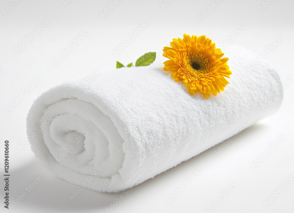 Fresh White Spa Towel with Vibrant Yellow Gerbera Daisy - Wellness and Relaxation Concept Fresh White Spa Towel with Vibrant Yellow Gerbera Daisy - Wellness and Relaxation Concept