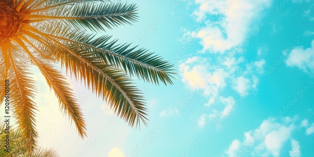 Tropical palm leaves in warm green and orange hues against a bright blue sky with fluffy clouds creating a serene vacation vibe for summer. Tropical palm leaves in warm green and orange hues against a bright blue sky with fluffy clouds creating a serene vacation vibe for summer.