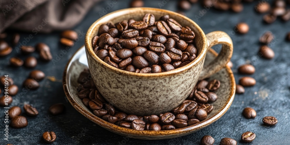 Fototapeta premium Rustic brown cup filled with roasted coffee beans, surrounded by scattered beans on dark stone surface, with a deep earthy color palette.