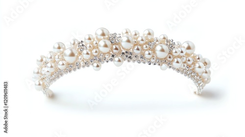 Elegant pearl tiara with sparkling embellishments, white isolated background.