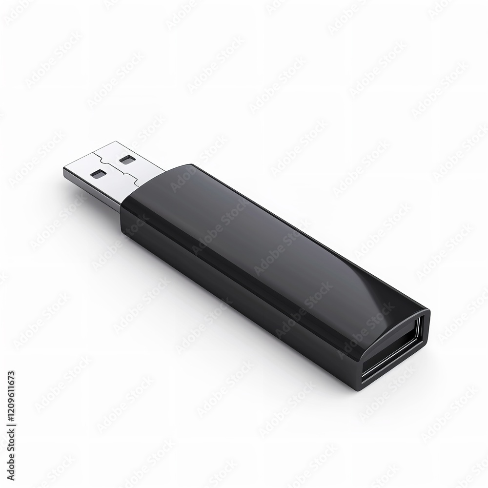 Isolating a black USB flash drive against a white backdrop, Generative AI. Isolating a black USB flash drive against a white backdrop, Generative AI.