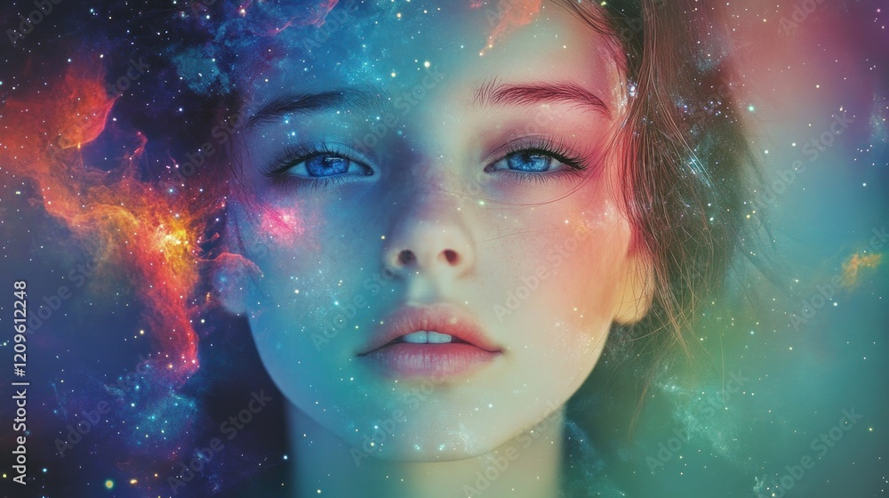 Cosmic Dream: A Girl's Face Merged With the Galaxy Cosmic Dream: A Girl's Face Merged With the Galaxy