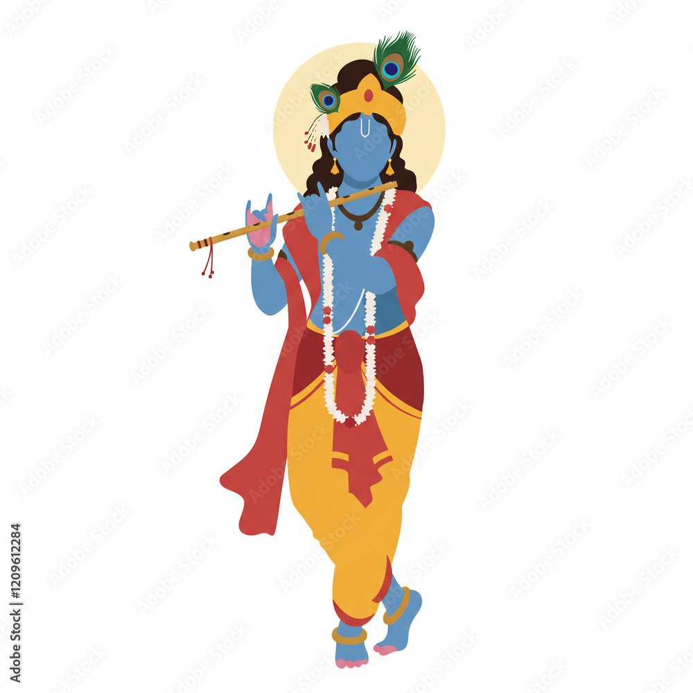Modern Digital Illustration of Lord Krishna Playing Flute in Traditional Attire Modern Digital Illustration of Lord Krishna Playing Flute in Traditional Attire