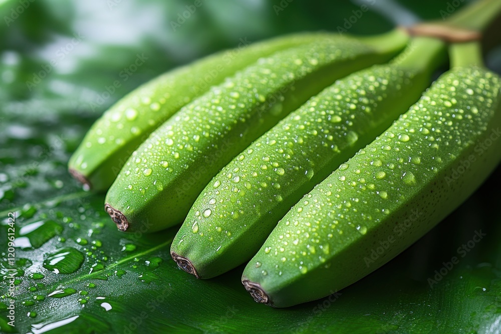 Close-Up of Fresh Green Bananas with Dew on Leaf Background in Tropical Setting Close-Up of Fresh Green Bananas with Dew on Leaf Background in Tropical Setting