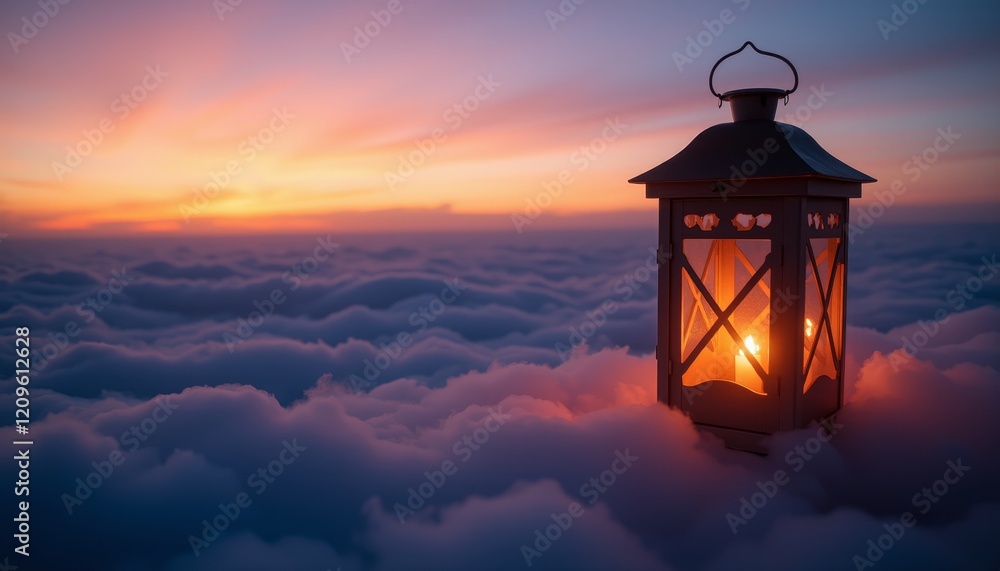 Lantern glowing over clouds during sunset Lantern glowing over clouds during sunset