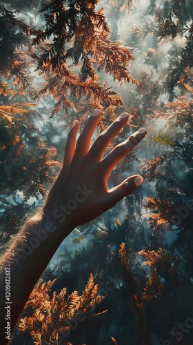 Hand Reaching into a Mystical Forest: A Serene Landscape