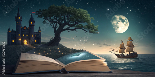 An Artistic Representation of a Fantasy World Emerging from an Open Book