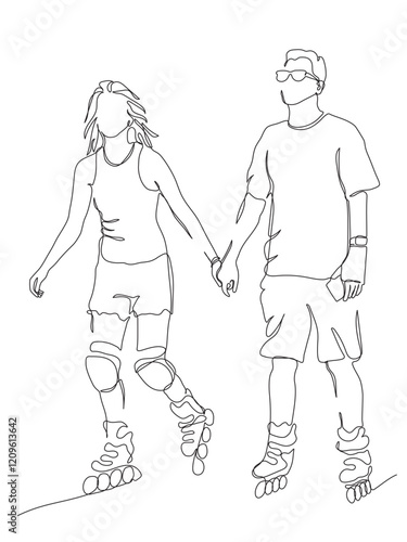 Couple hands holding on rollers date. Woman in knee pads man in glasses. Continuous line drawing. Black and white vector in line art style.