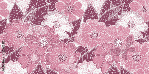 Vector illustration of pink and white tricolor seamless floral pattern. Floral organic background with dotted flowers and leaves and butterflies. For textile, wallpaper and packaging. 