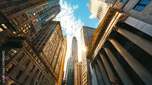 Wall Street's Majestic Skyline: A Low Angle View of Iconic Skyscrapers