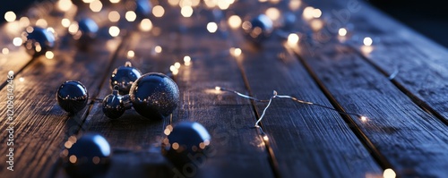 Wooden table decorated with Christmas ornaments and fairy lights.