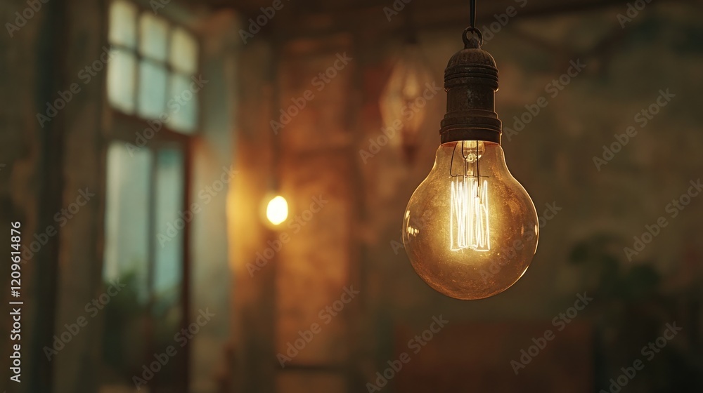 Obraz premium Glowing vintage light bulb hanging in rustic room.