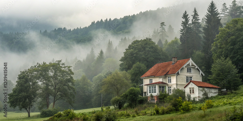 Fototapeta premium Beautiful Isolated House in the Mountains: A Rustic Getaway