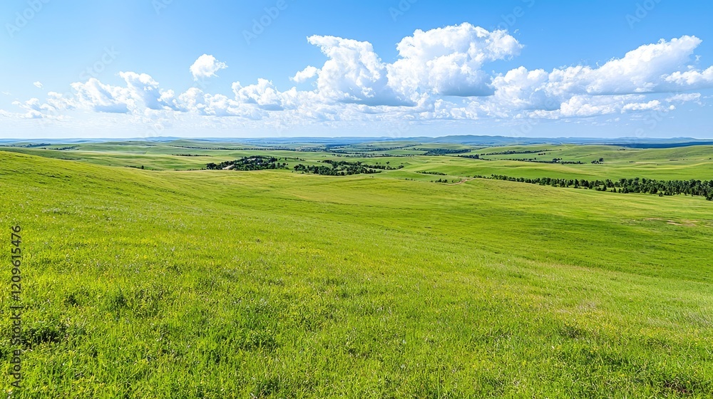 Fototapeta premium Sunny day on vast green grassland, rolling hills, blue sky, fluffy clouds. Use travel brochure