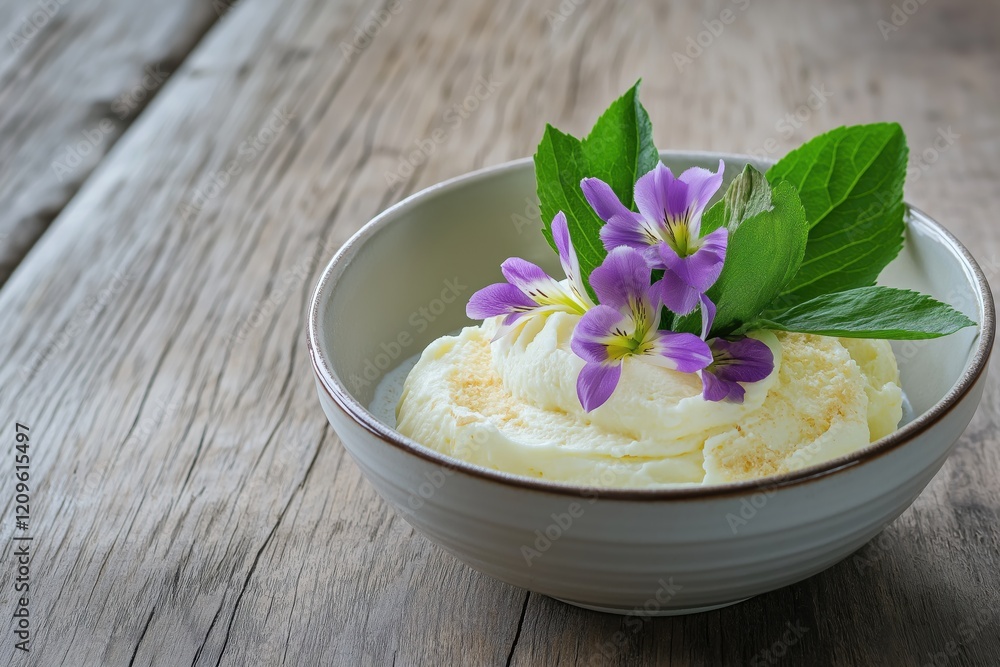 A white bowl filled with whipped cream and purple flowers. The whipped cream is spread evenly across the surface of the bowl, and the purple flowers are scattered throughout the cream A white bowl filled with whipped cream and purple flowers. The whipped cream is spread evenly across the surface of the bowl, and the purple flowers are scattered throughout the cream