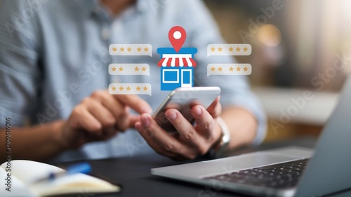 Person holds smartphone showing store map with star ratings
