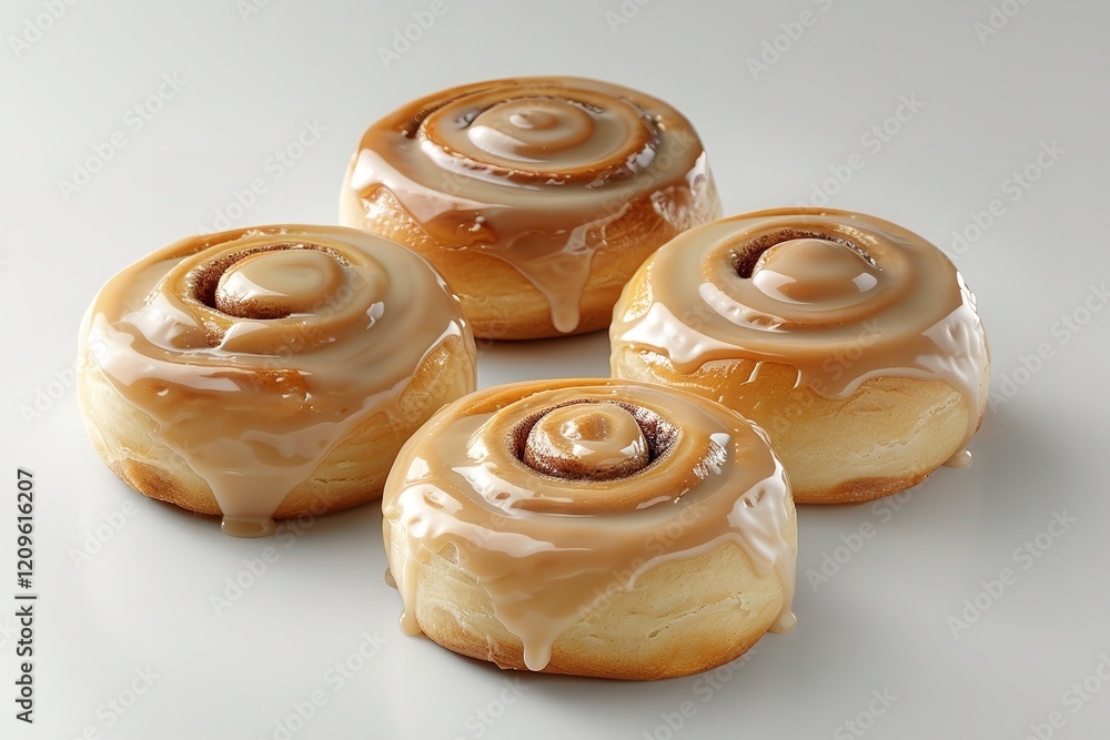 The golden-brown color and spiral shape of four freshly made cinnamon rolls with a glazed finish are displayed against a white backdrop, Generative AI. The golden-brown color and spiral shape of four freshly made cinnamon rolls with a glazed finish are displayed against a white backdrop, Generative AI.