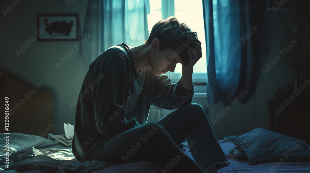 A man sits on a bed, his head in his hand, appearing sad or distressed. This is one of many images being uploaded to a stock photo website