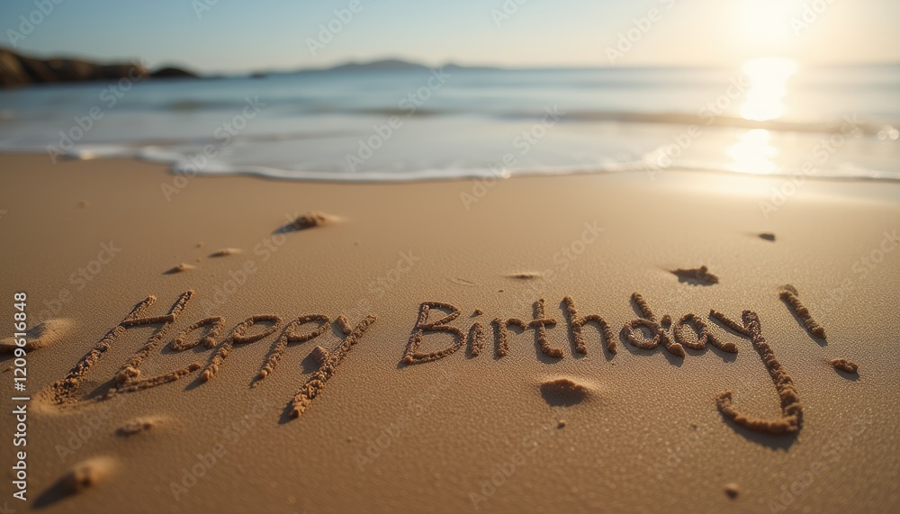 Fototapeta premium Happy Birthday written on sandy beach at sunset