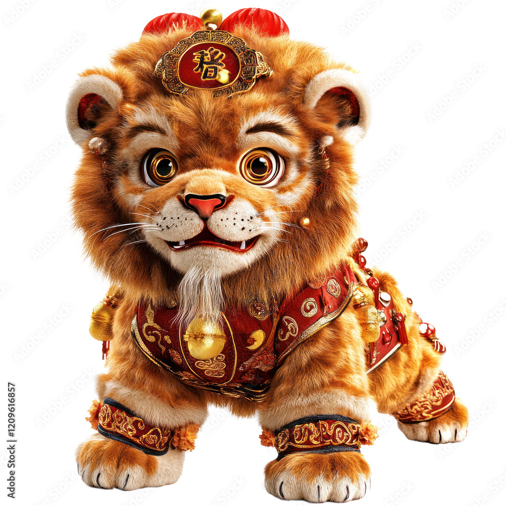 Obraz premium Cute mini Chinese lion dance, Chinese New Year symbol isolated on white or transparent background