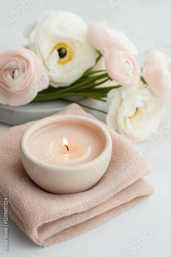 A candle is lit in a white bowl on a table next to a bouquet of white flowers. The candle and flowers create a warm and inviting atmosphere