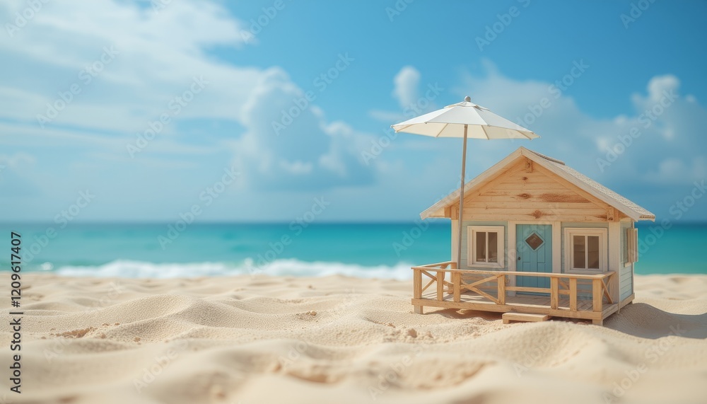 Fototapeta premium Miniature beach house on sandy shore with blurry background