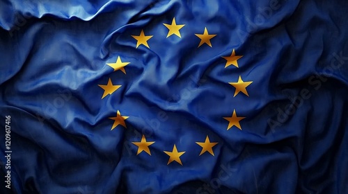 European Union flag with golden stars rippling gracefully on textured fabric, symbolizing unity, identity, and shared values.