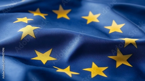 European Union flag with golden stars rippling gracefully on textured fabric, symbolizing unity, identity, and shared values.