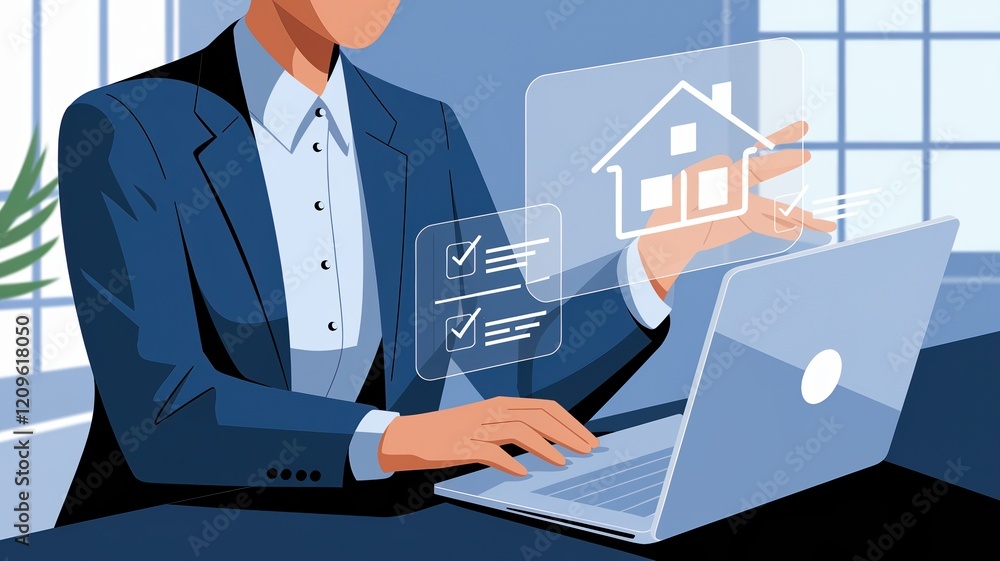 Professional in blue shirt at laptop with house checkmarks Professional in blue shirt at laptop with house checkmarks