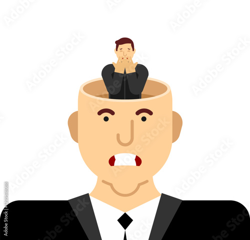 Illustration of concept of loneliness. Sad guy sits inside head. Inner loneliness