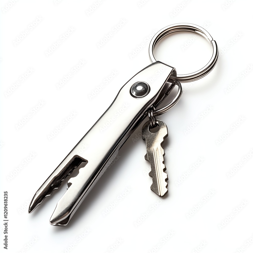 Compact multi-tool with keychain and keys on a white isolate background. Compact multi-tool with keychain and keys on a white isolate background.