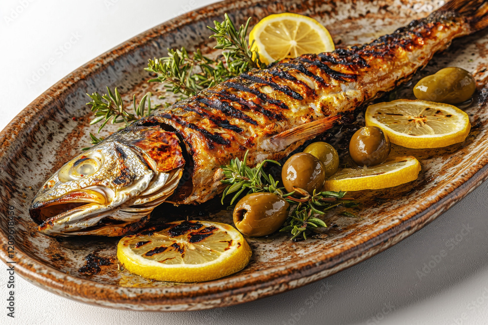 Grilled fish served on a rustic platter with lemon slices and fresh herbs at a seaside restaurant during sunset Grilled fish served on a rustic platter with lemon slices and fresh herbs at a seaside restaurant during sunset