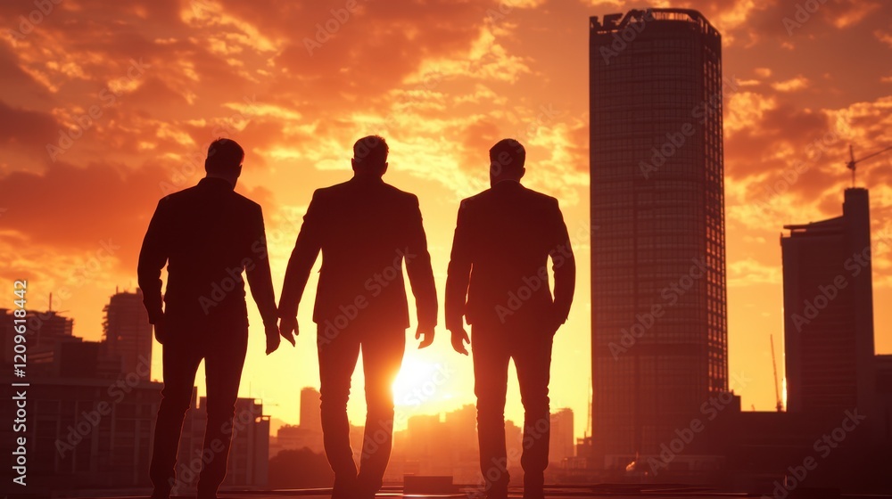 Three men in suits stride confidently towards the sunlit skyline, exuding professionalism and purpose in an urban setting. Three men in suits stride confidently towards the sunlit skyline, exuding professionalism and purpose in an urban setting.