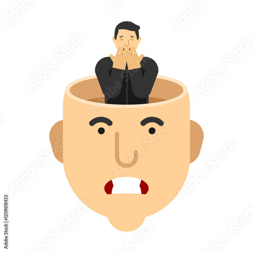 Illustration of concept of loneliness. Sad guy sits inside head. Inner loneliness