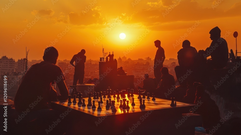 Fototapeta premium Silhouetted people playing chess at sunset.
