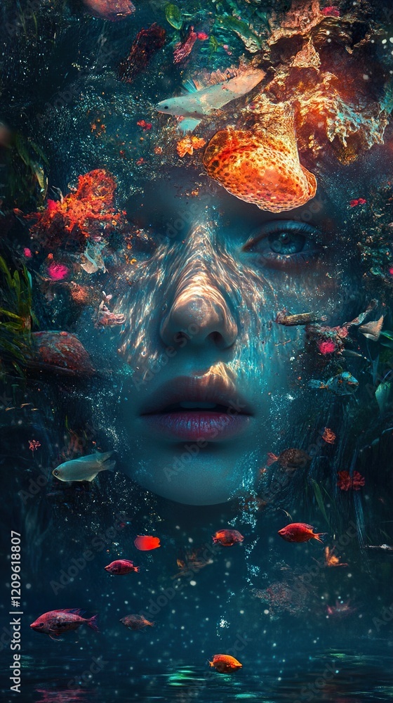 Fototapeta premium Submerged Woman: A Surreal Underwater Fantasy