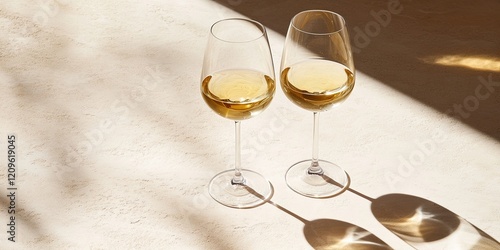 Two elegant glasses of white wine on a light beige surface with soft shadows and bright highlights reflecting natural sunlight during the day