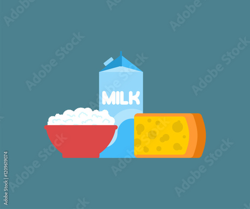 Dairy products set: milk, cheese and cottage cheese