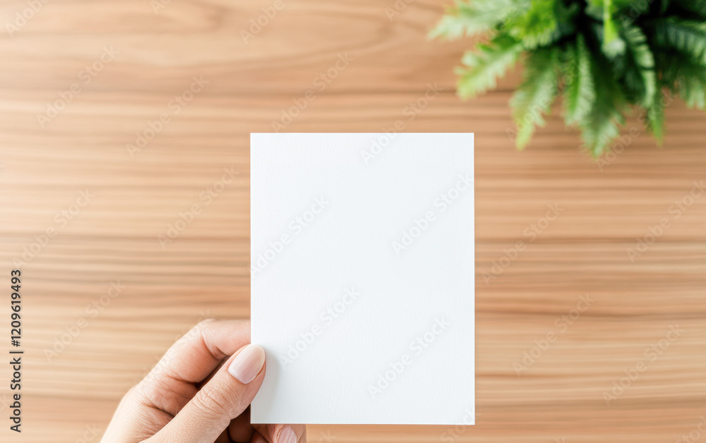 Fototapeta premium A hand holding a white card on a wooden table