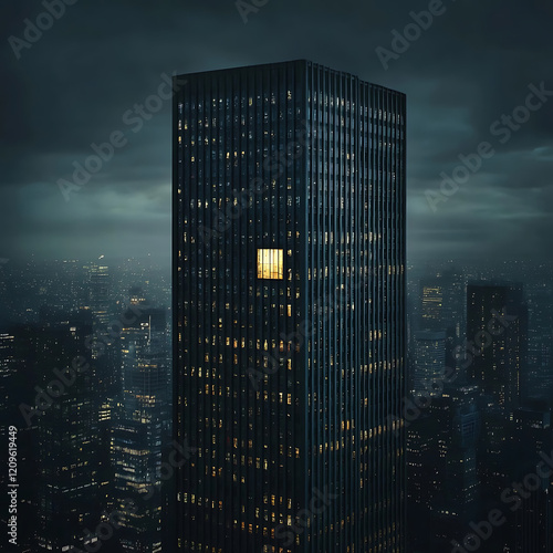 Skyscraper with a single illuminated window in a dark urban skyline at night