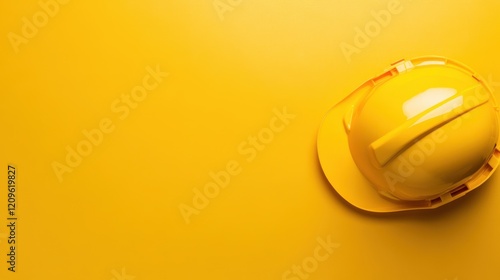 A hard hat rests prominently on a bright yellow surface, highlighting its importance in safety and construction settings. photo