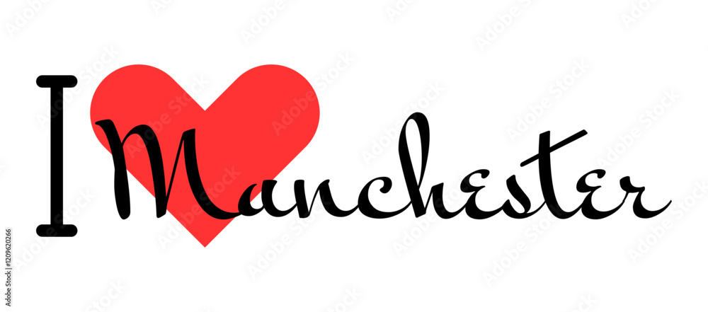 I love Manchester, city of United Kingdom. Hand drawn letters with red heart. Vector illustration lettering, modern design I love Manchester, city of United Kingdom. Hand drawn letters with red heart. Vector illustration lettering, modern design