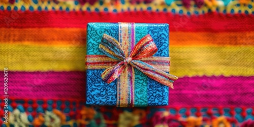 Colorful decorative gift box with a vibrant blue texture on bright striped pink, orange, and yellow fabric background, centered with a multicolored ribbon. photo